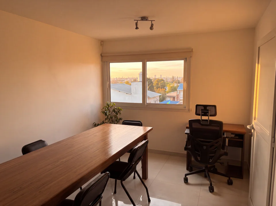 Sala de reuniones del estudio jurídico de Carolina Izi, con vista a Mar del Plata